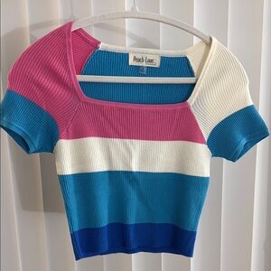 Peach Love California Colorblock Ribbed Top - Pink, Blue, and White
